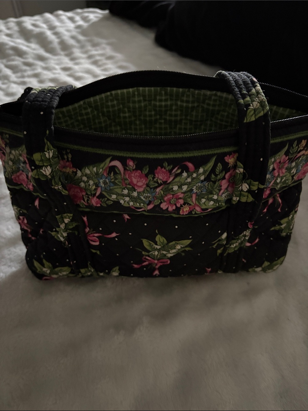 Vera Bradley Black Quilted Floral Tote with Pink and Green Accents
